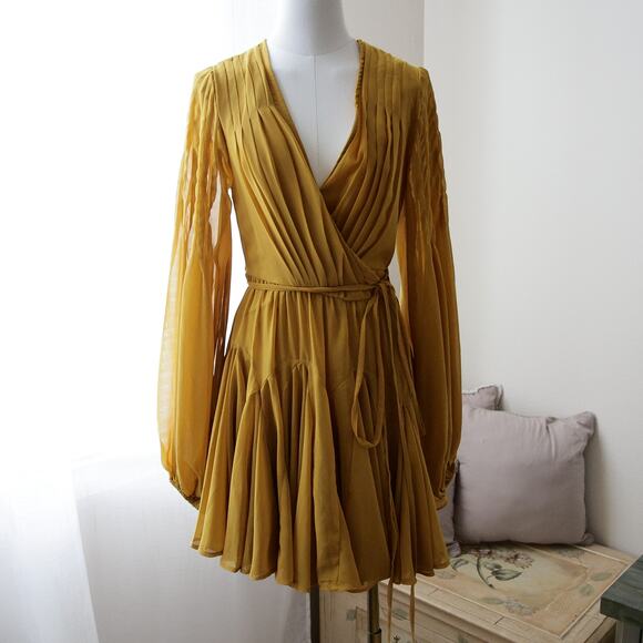 ASOS DESIGN wrap balloon sleeve mustard mini dress size 4 - Picture 2 of 7